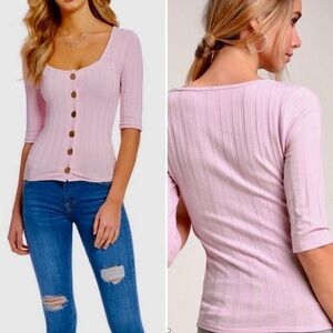 FREE PEOPLE Central Park Soft Pink Button Down 3/4 Sleeve Ribbed Top